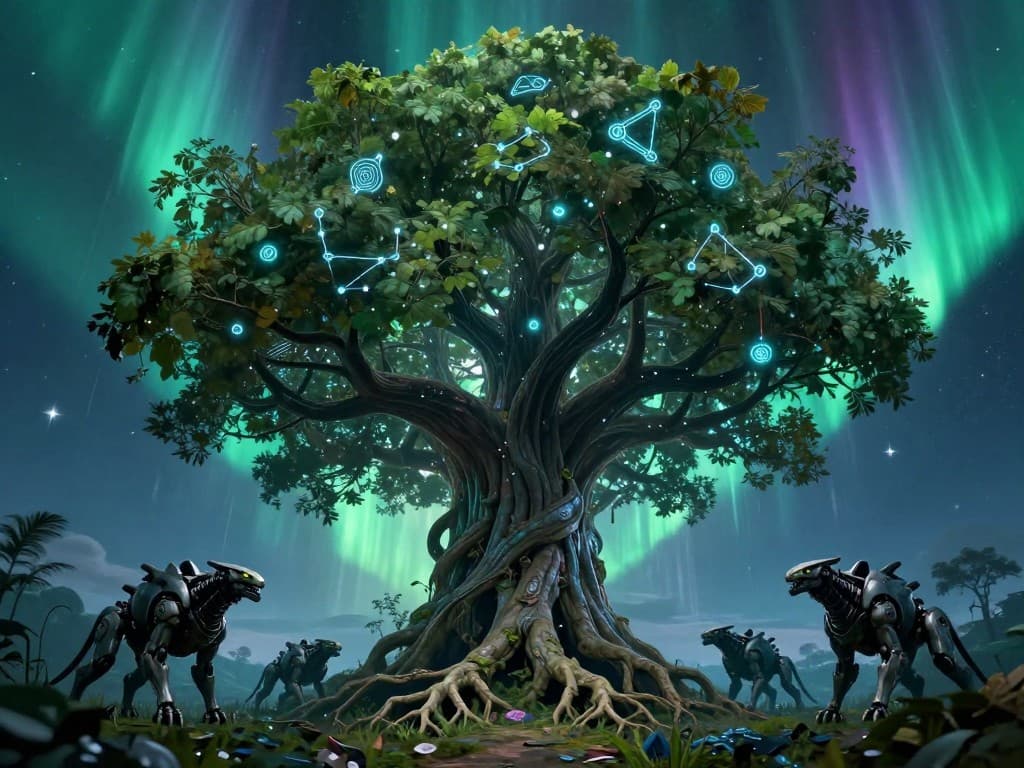 A cyber-druid communing with a planet-sized world tree whose branches pierce into hyperspace, digita