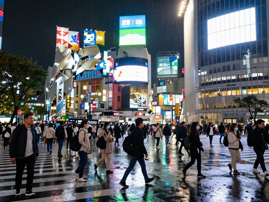 A hyper-realistic night scene of Tokyo Shibuya crossing flooded with thousands of pedestrians under 